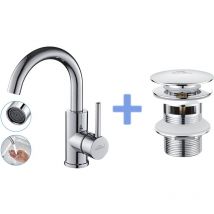 Auralum - Robinet Lavabo Salle de Bain Bec Haut Chromé Brillant Rotatif 360°+Bonde de Lavabo Bonde Pop-up avec Trop-plein Automatique Universelle