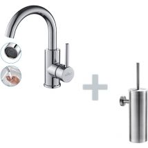 Auralum - Robinet Lavabo Salle de Bain Bec Haut Chromé Brillant Rotatif 360°+Porte Brosse Toilette Acier Inoxydable Brosse wc Mural