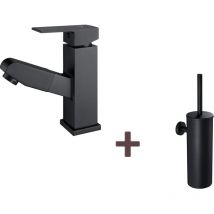 Auralum Robinet Mitigeur Lavabo avec Douchette Extractible,Noir, Hauteur 187mm+Brosse Toilettes WC Suspendu avec Support de Brosse, Acier INOX,Noir