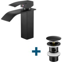 Auralum - Waschtischarmatur Wasserfall Wasserhahn + Ablaufgarnitur mit Überlauf, Wasserhahn Bad mit Pop Up, Schwarz