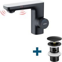 Lonheo - Zwei Infrarotsensor Wasserhahn Automatik Waschtischarmatur + Ablaufgarnitur mit Überlauf, Einhandmischer Wasserhahn Bad mit Pop Up, Schwarz
