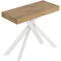 Ausziehbare Konsole 90x40/300 cm Saki Premium Natureiche mit weißen Beinen