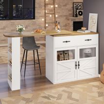 Ausziehbarer Stehtisch 138-204cm, Hoher Bistrotisch, Drehbar Mit Stauraum, Elegantes Sideboard Mit Ablagen, Weiß
