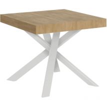 Ausziehbarer Tisch 90 x 90/194 cm. Platte aus Natureiche Clerk – weiße Beine