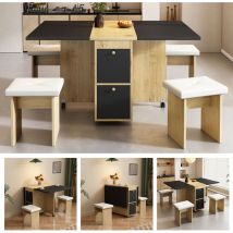 Ausziehbares Esszimmer-set, 1 Tisch + 4 Stühle, Klapptisch, Multifunktional, 120 X 80 X 75 Cm, Weiß + Eiche + Schwarz