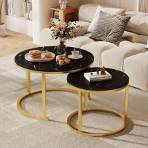 Authmic - Lot De 2 Tables Basses Gigognes Rondes Pour Salon, Chambre Ou Petit Espace (effet Marbre Noir Et Finitions Dorées)