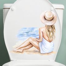 Csparkv - Autocollant de toilette étanche pour siège de toilette, fille de plage peinte, vue arrière, salle de bains, toilettes