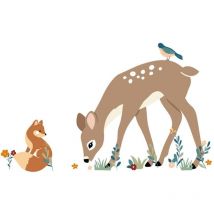 Autocollant mural biche, écureuil et oiseaux