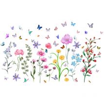 Feiyue - Autocollant mural fleurs et herbes d'été - Autocollants muraux fleurs de jardin - Autocollants muraux papillons floraux pour chambre