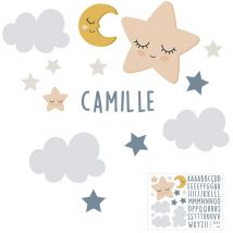 Autocollant Mural pour enfants avec prénom lune et étoiles