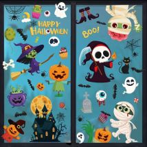 Ahlsen - Autocollants Halloween, Double Face Réutilisables Halloween Stickers, Sorcière Citrouille Chat Araignée Toile d'araignée Château Stickers,
