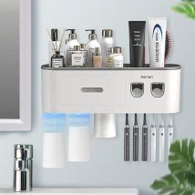 Readcly - Automatic Double Toothpaste Dispenser Wall Mounted, Toothbrush Holder for Bathroom and Vanity, with 6 Brush Slots, 3 Magnetic Cups