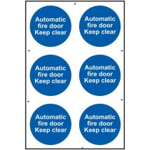 Automatic Fire Door Keep Clear' Sign 100mm x 100mm 6 Per Sheet
