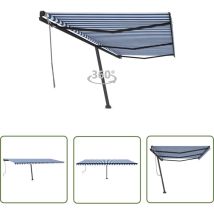The Living Store Auvent manuel rétractable sur pied 600x350 cm Bleu/Blanc - Auvent Retractable - Parasol Exterieur - Abri Solaire - Store Banne