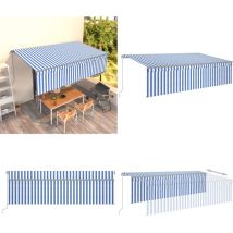 Auvent rétractable manuel avec store 5x3 m Bleu et blanc - Auvent Retractable - Parasol Exterieur - Abri Solaire - Protection Uv - Intimité Jardin