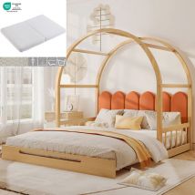 Ohjijinn - Avec matelas) Lit de toit arqué extensible, lit coulissant, lit enfant, lit de repos, lit double, coussins en velours, cadre en bois de