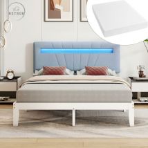Avec matelas) lit en bois, lit double, tête de lit rembourrée avec bande lumineuse led en 7 couleurs, lit d'adolescent, lit adulte, structure en pin,