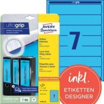 Ordnerrückenetikett ultragrip schmal/kurz 38 x 192 mm (b x h) selbstklebend ohne Griffloch blau 140 Etik./Pack.