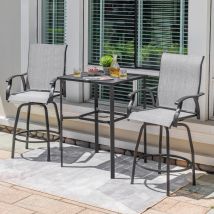 Avestar 3-tlg. Gartenbar Set, 2 Drehbare Barhocker Aus Textilene, Bartisch Mit Lattenrost Und Schirmloch, Grau Und Schwarz