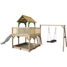 Atka Maison Enfant avec Bac Sable, Balan oire nid d'oiseau & Toboggan Blanc Aire de Jeux pour l'ext rieur en marron & Vert Maisonnette / Cabane de
