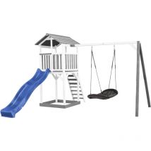 Beach Tower Aire de Jeux Blanc avec Toboggan en bleu, Balan oire Nid d'oiseau noir & Bac Sable Grande Maison enfant ext rieur en Gris & Blanc