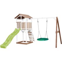 Beach Tower Aire de Jeux avec Toboggan en Vert clair, Balan oire Nid d'oiseau Vert & Bac Sable Grande Maison enfant ext rieur en marron & Blanc