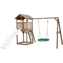 Beach Tower Aire de Jeux avec Toboggan en Blanc, Balan oire Nid d'oiseau Vert & Bac Sable Grande Maison enfant ext rieur en marron Cabane de Jeu en