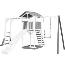 Beach Tower Aire de Jeux avec Toboggan en Blanc, Cadre d'escalade, Balan oire & Bac Sable Grande Maison enfant ext rieur en Gris & Blanc Cabane de