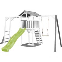 Beach Tower Aire de Jeux avec Toboggan en Vert Clair, Cadre d'escalade, Balan oire & Bac Sable Grande Maison Enfant ext rieur en Gris & Blanc