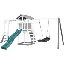Beach Tower Aire de Jeux avec Toboggan en Vert, Cadre d'escalade, Balan oire Nid d'oiseau Noir & Bac Sable Grande Maison Enfant ext rieur en Gris &