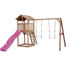 Beach Tower Aire de Jeux avec Toboggan en violet, 2 Balan oires & Bac Sable Grande Maison enfant ext rieur en marron Cabane de Jeu en Bois fsc - AXI