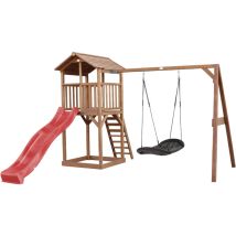 Beach Tower Aire de Jeux avec Toboggan en rouge, Balan oire Nid d'oiseau noir & Bac Sable Grande Maison enfant ext rieur en marron Cabane de Jeu en