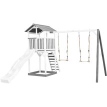 Beach Tower Aire de Jeux avec Toboggan en Blanc, 2 Balan oires & Bac Sable Grande Maison enfant ext rieur en Gris & Blanc Cabane de Jeu en Bois fsc