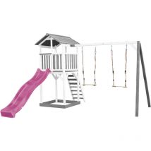 Beach Tower Aire de Jeux avec Toboggan en Violet, 2 Balan oires & Bac Sable Grande Maison Enfant ext rieur en Gris & Blanc Cabane de Jeu en Bois