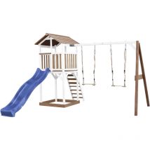 Beach Tower Aire de Jeux avec Toboggan en bleu, 2 Balan oires & Bac Sable Grande Maison enfant ext rieur en marron & Blanc Cabane de Jeu en Bois