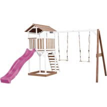 Beach Tower Aire de Jeux avec Toboggan en violet, 2 Balan oires & Bac Sable Grande Maison enfant ext rieur en marron & Blanc Cabane de Jeu en Bois