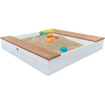 Bac à sable en bois AXI Evy avec bacs à eau, banc et espace de rangement Bac à sable en Gris et marron avec tapis de sol et bâche 119 x 117 cm