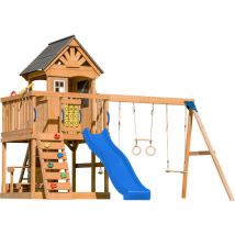 Jack Aire de Jeux en Bois avec 2 Balan oires, Toboggan Bleu / Aire de Jeux Ext rieur, Bac Sable, Trap ze/Mur d'escalade Portique Balan oire/Jeux en