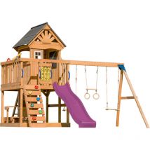 Jack Aire de Jeux en Bois avec 2 Balan oires, Toboggan Violet / Aire de Jeux Ext rieur, Bac Sable, Trap ze/Mur d'escalade Portique Balan oire/Jeux