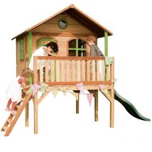 Holz Kinderspielhaus Sophie inkl. großer Veranda & Rutsche Natur 180x180x274 cm - AXI