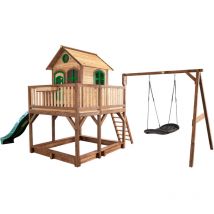 Liam Maison Enfant avec Bac Sable, Balan oire Nid d Oiseau noir & Toboggan Vert Aire de Jeux pour l'ext rieur en marron & Vert Maisonnette / Cabane