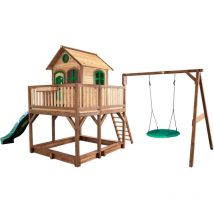 Liam Maison Enfant avec Bac Sable, Balan oire Nid d Oiseau Vert & Toboggan Vert Aire de Jeux pour l'ext rieur en marron & Vert Maisonnette / Cabane