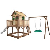 AXI Liam Maison Enfant avec Bac à Sable, Balançoire nid d'oiseau Vert & Toboggan Blanc Aire de Jeux pour l'extérieur en marron & Vert Maisonnette /