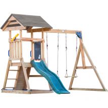 Mia Aire de Jeux en Bois avec 2 Balan oires, Toboggan Vert/ Aire de Jeux Ext rieur, Bac Sable, Mur d'escalade Portique Balan oire/Jeux en Bois