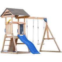 Mia Aire de Jeux en Bois avec 2 Balan oires, Toboggan Bleu/ Aire de Jeux Ext rieur, Bac Sable, Mur d'escalade Portique Balan oire/Jeux en Bois