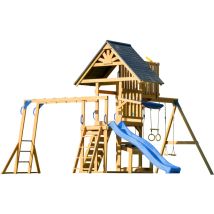 Mitch Aire de Jeux en Bois avec 2 Balan oires, Toboggan Bleu / Aire de Jeux Ext rieur, Bac Sable, Trap ze/Mur d'escalade Portique Balan oire/Jeux