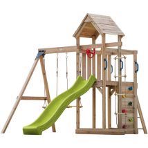 Moos Aire de Jeux en Bois avec 2 Balan oires, Echelle en Corde, toboggan Vert Citron / Aire de Jeux Ext rieur balan oires/ bac sable/mur d'escalade