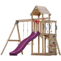 Moos Aire de Jeux en Bois avec 2 Balan oires, Echelle en Corde, toboggan Violet / Aire de Jeux Ext rieur avec balan oires/ bac sable/mur d'escalade