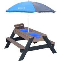 AXI - Nick Table Sable et Eau / Table Pique Nique avec Parasol en Bois Gris Table Jeux d'eau avec Couvercle, Bo tes de Rangement & Parasol Table d