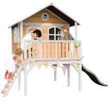 AXI Sophie Maison Enfant avec Toboggan Vert Aire de Jeux pour l'extérieur en marron & Blanche Maisonnette / Cabane de Jeu en Bois FSC